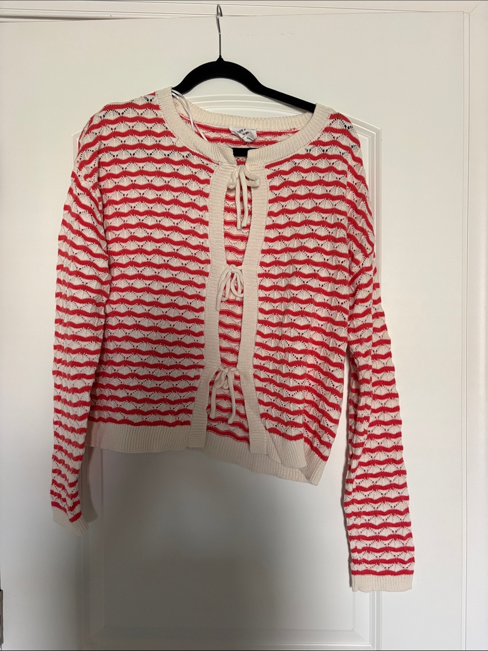 Tie-Front Open-Knit Cardigan Sweater - Red & Cream